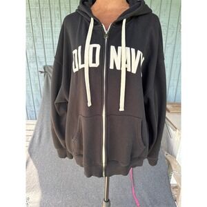 Old Navy Mens XL Full Zip Hoodie Black Fleece Logo Sweatshirt YKK Zipper
